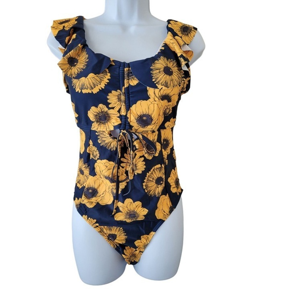 Sunflower One Piece Swimsuit with Cutout Navy Yellow Floral Large Tie Back